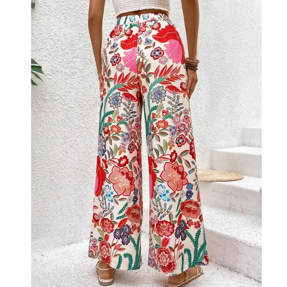 075 Boho Floral Print stretchy Waist Wide Leg Pants - Picture 4 of 4
